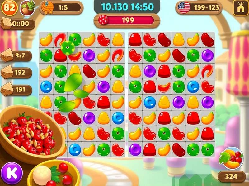 Delicious Kebab Saga game screenshot showing colorful food items and puzzle levels